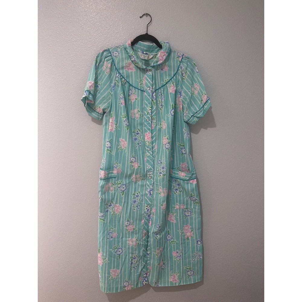 Vintage Sears Comfort Coat House Dress XL Mint Green Floral Stripe Snap Duster